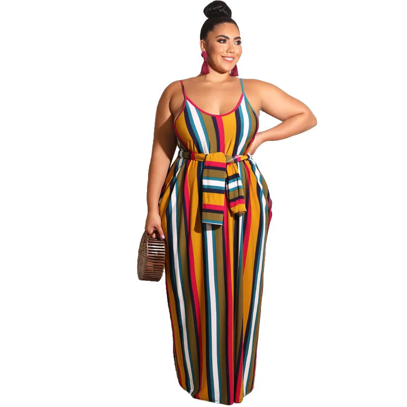 casual dress summer plus size women's striped loose belted suspender plus size dress summer maxi dresses women