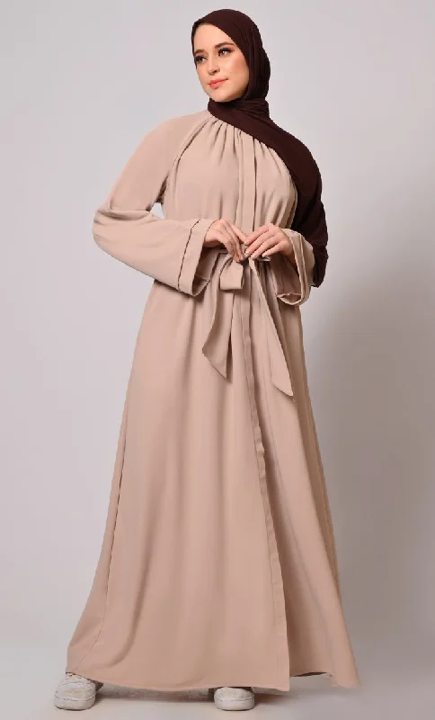 Chic Pleats and Belt:  Sand Abaya with Pockets