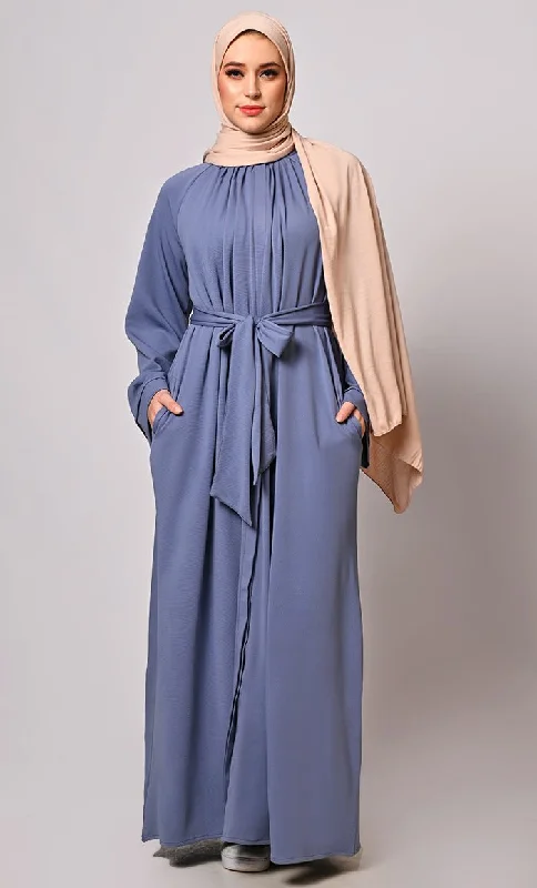 Chic Pleats and Belt:  Blue Abaya with Pockets