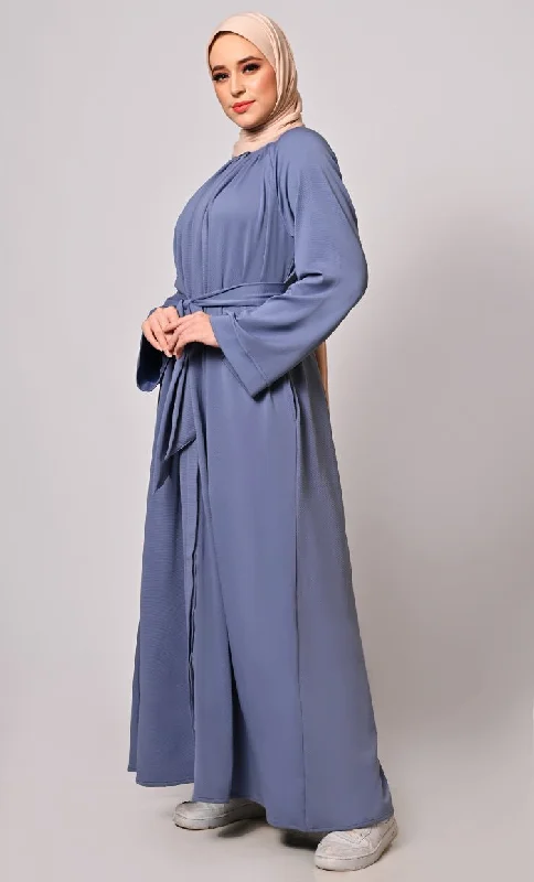 Chic Pleats and Belt:  Blue Abaya with Pockets