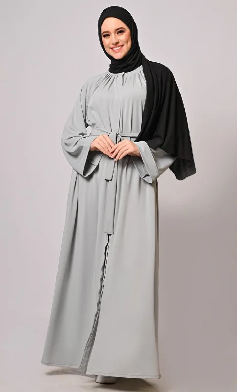 Chic Pleats and Belt: Grey Abaya with Pockets