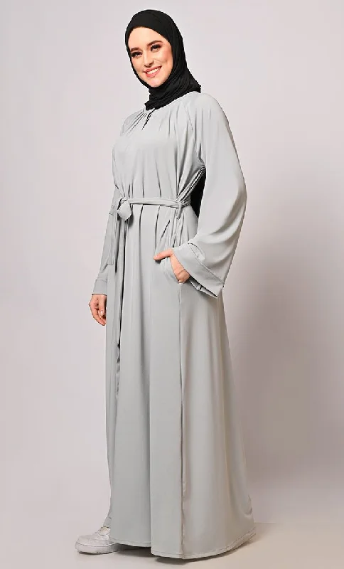 Chic Pleats and Belt: Grey Abaya with Pockets