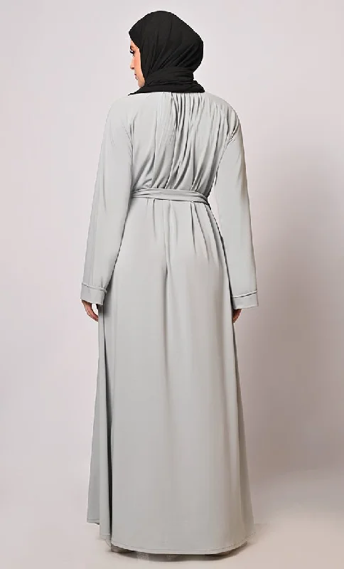 Chic Pleats and Belt: Grey Abaya with Pockets