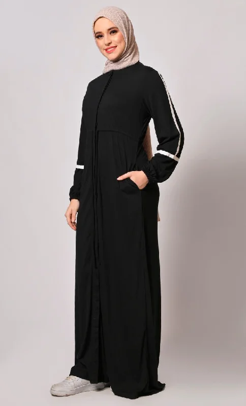 Modest Athleisure: Sporty Black Abaya  with Pockets