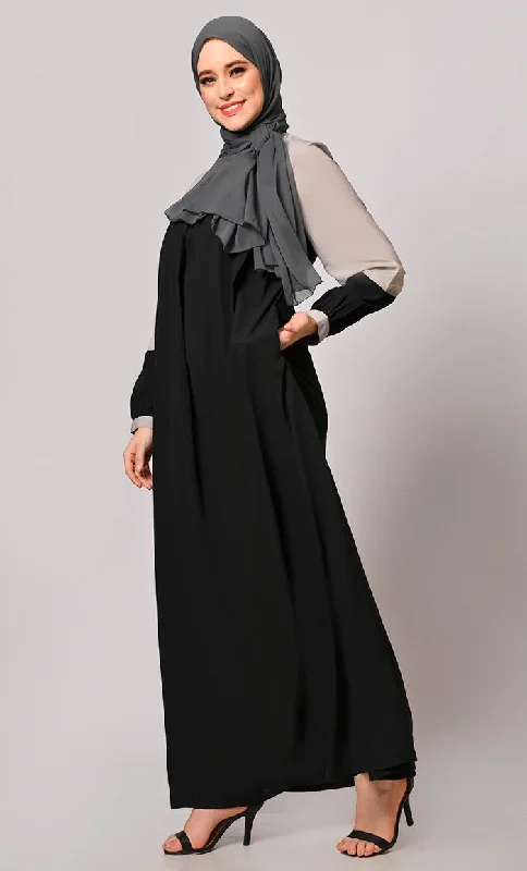 Contemporary Classics: Black Abaya  with Grey Yoke and Pockets