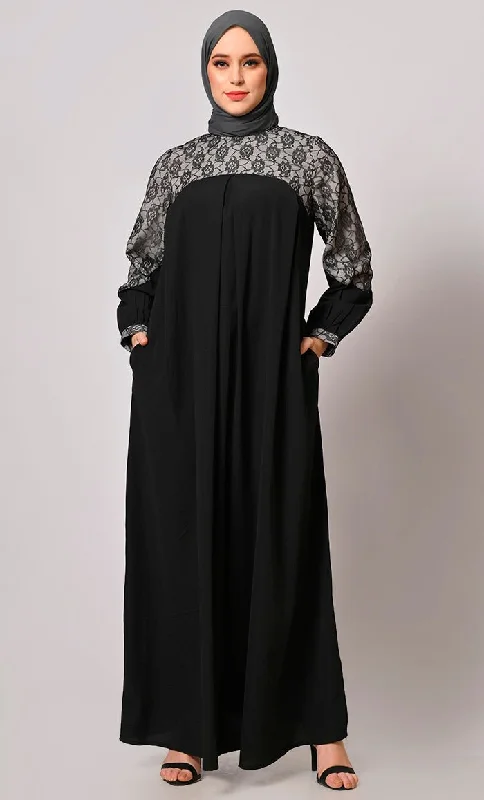 Contemporary Classics: Black Abaya with Net Yoke and Pockets