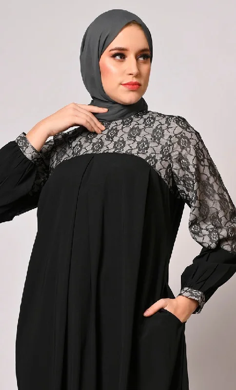 Contemporary Classics: Black Abaya with Net Yoke and Pockets