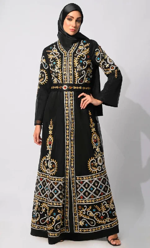 Regal Embellishments: Intricately Handcrafted Black Shrug with Lining and Belt