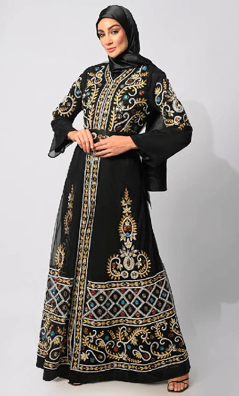 Regal Embellishments: Intricately Handcrafted Black Shrug with Lining and Belt