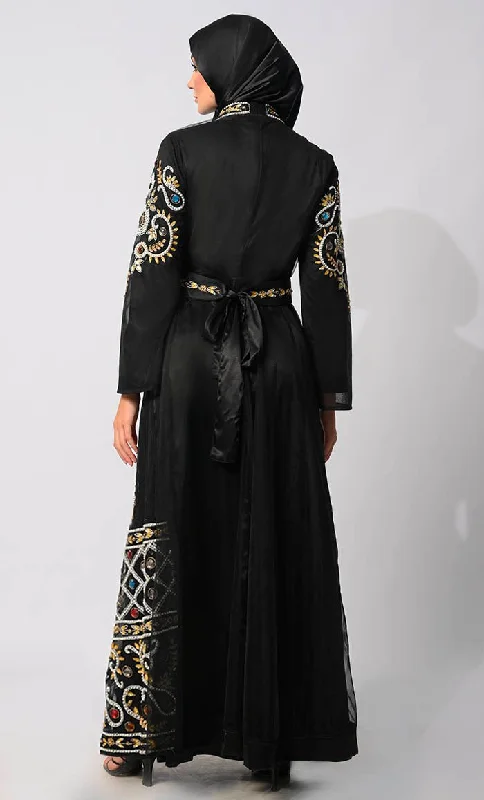 Regal Embellishments: Intricately Handcrafted Black Shrug with Lining and Belt