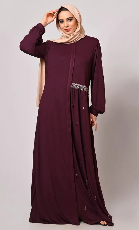 Crafted With Care: Wine Abaya with one side waist Gathers and Handwork