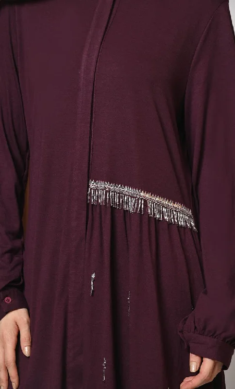 Crafted With Care: Wine Abaya with one side waist Gathers and Handwork