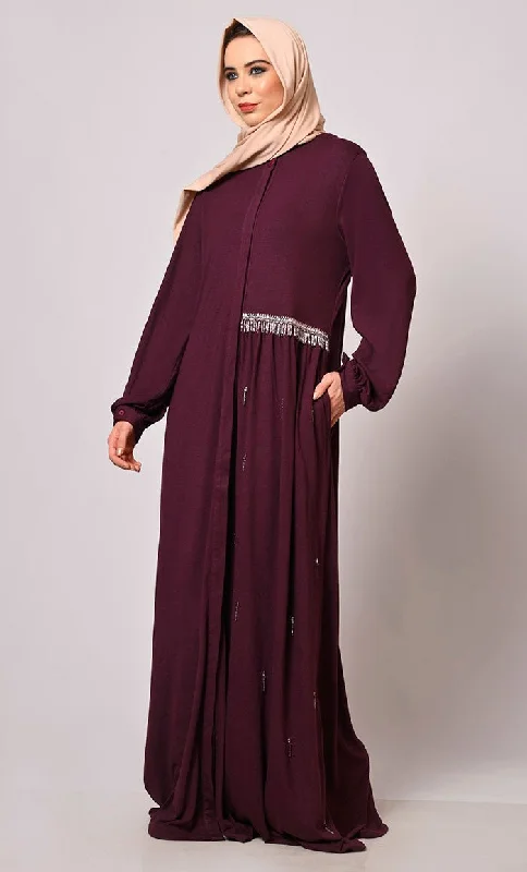 Crafted With Care: Wine Abaya with one side waist Gathers and Handwork