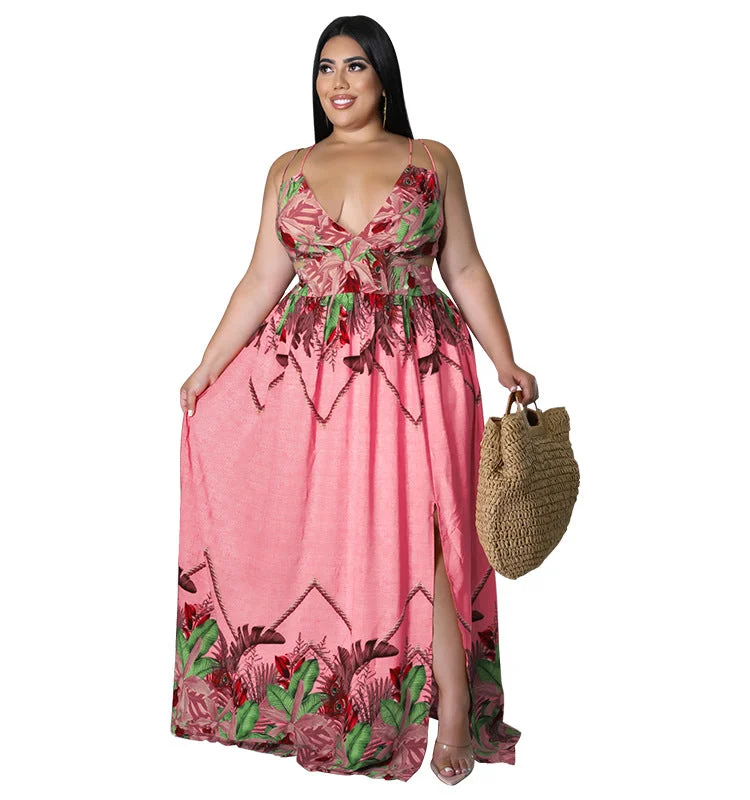 DM28163  2022 new arrival plus size flower printing v neck babydoll maxi standard suspender skirt sleeveless women dress