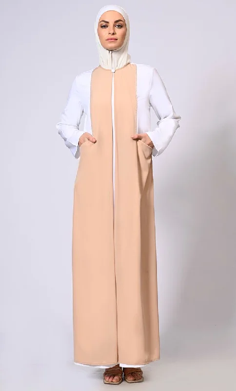 Double Layered Sand Abaya with Sequined Yoke and Front Pockets