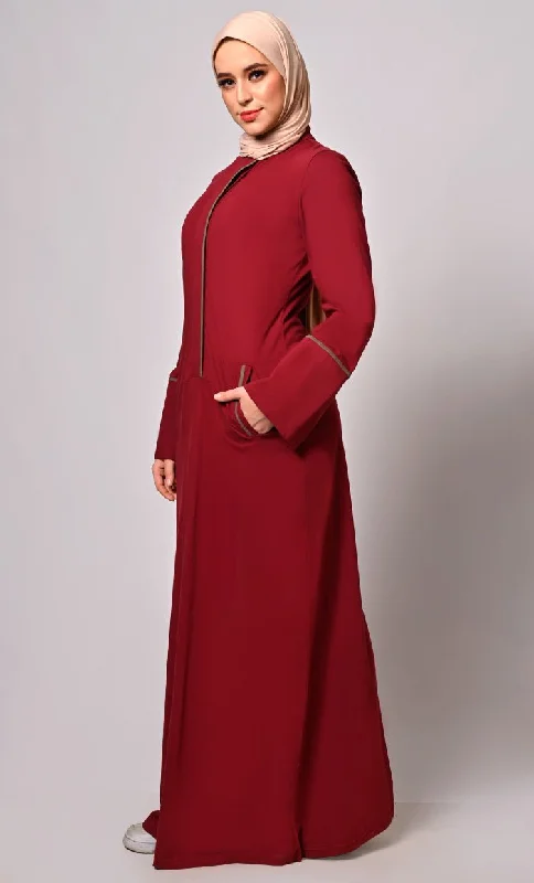 Stay Active in Style: Maroon Abaya with Pockets