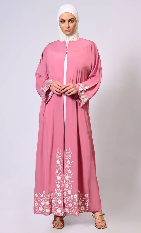 Embroidered Enchantment: Graceful Pink Abaya with Delicate Details and Belt