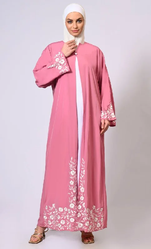 Embroidered Enchantment: Graceful Pink Abaya with Delicate Details and Belt