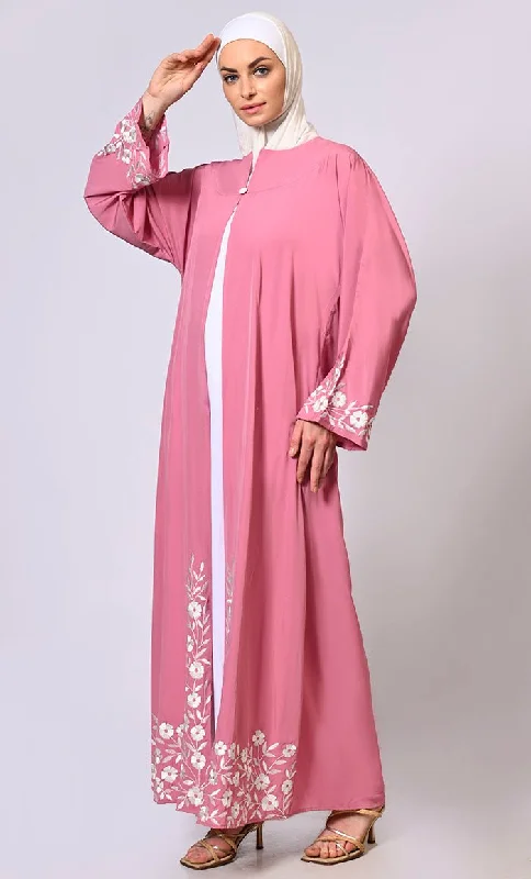 Embroidered Enchantment: Graceful Pink Abaya with Delicate Details and Belt