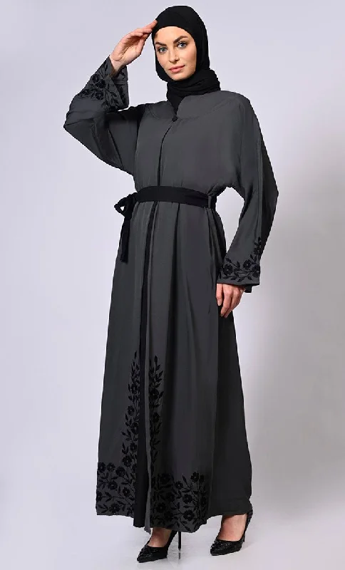 Embroidered Enchantment: Graceful Grey Abaya with Delicate Details and Belt