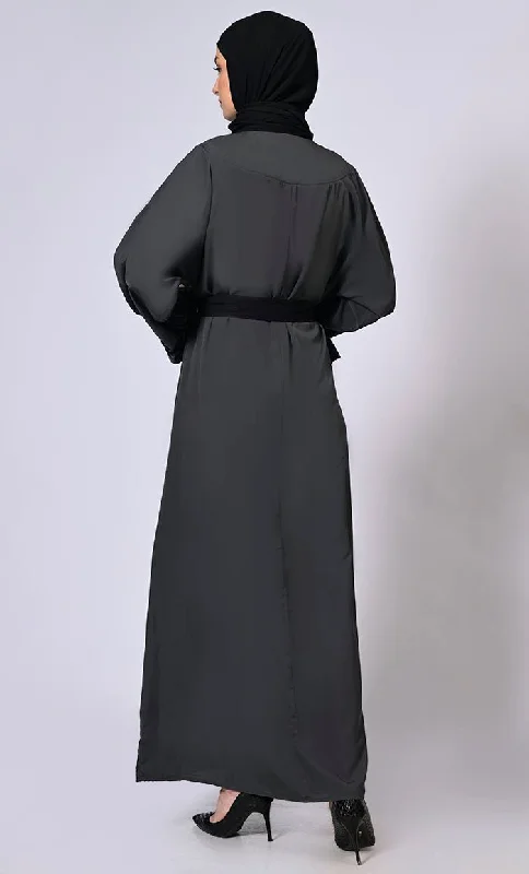 Embroidered Enchantment: Graceful Grey Abaya with Delicate Details and Belt