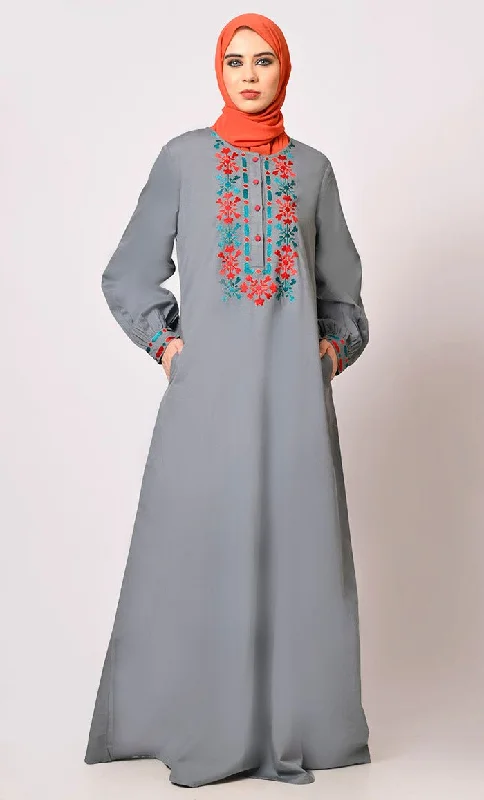 Embroidered Opulence: Grey Abaya with Practical Pockets