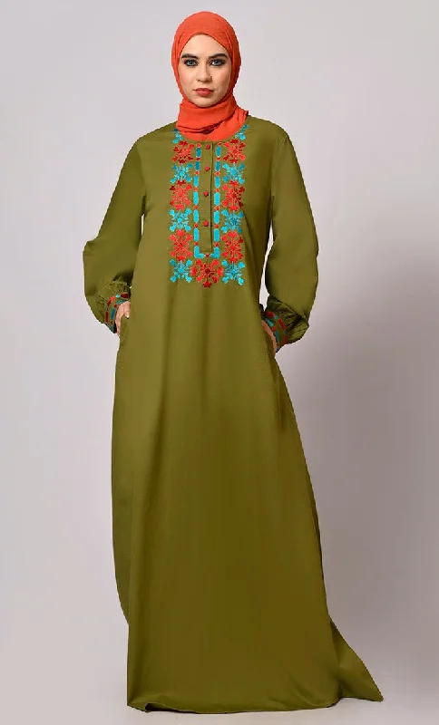 Embroidered Opulence: Basil Green Abaya with Practical Pockets