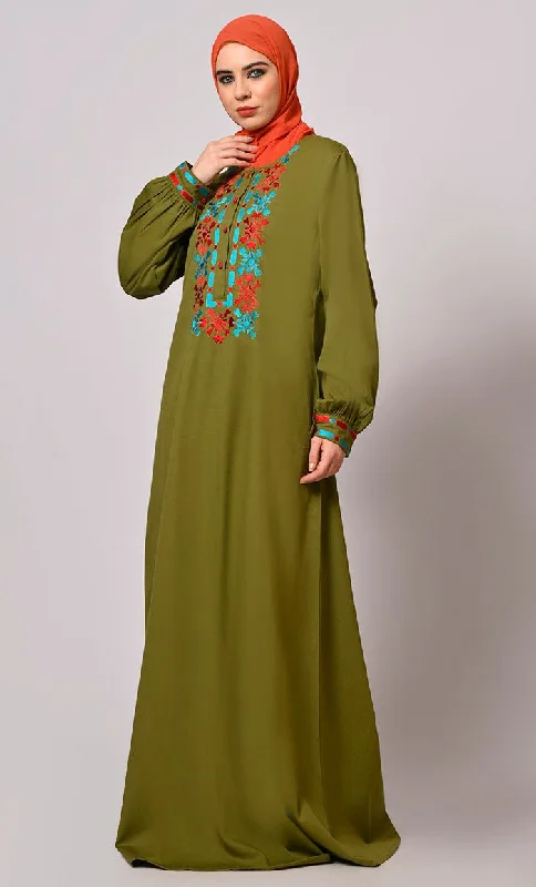 Embroidered Opulence: Basil Green Abaya with Practical Pockets