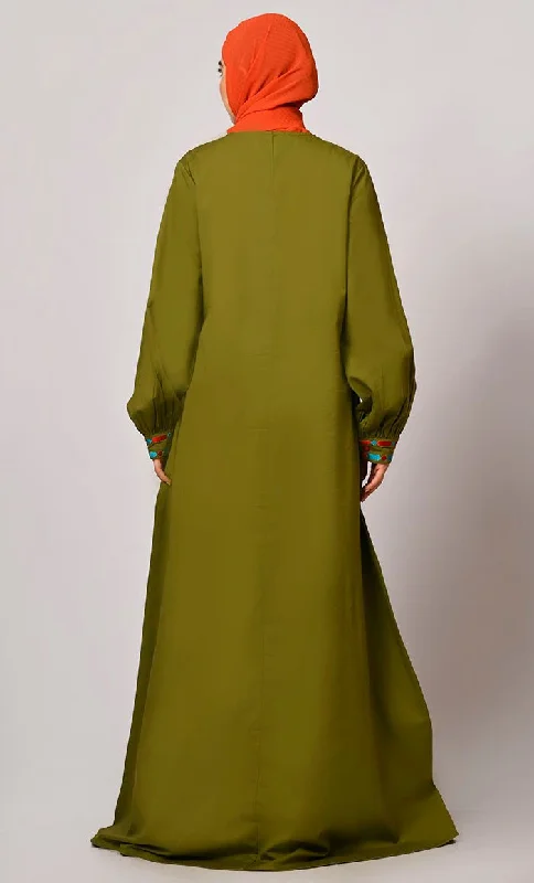 Embroidered Opulence: Basil Green Abaya with Practical Pockets