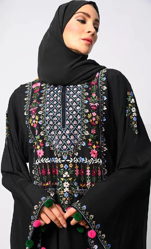 Enchanting Threads: Exquisite Black Embroidered Abaya with and Dramatic Bell Sleeves