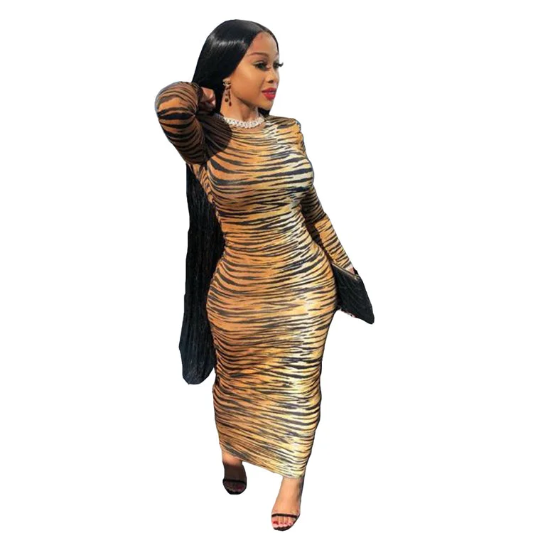 fall clothing for women polyester long sleeve zebra stripe bodycon maxi dress women