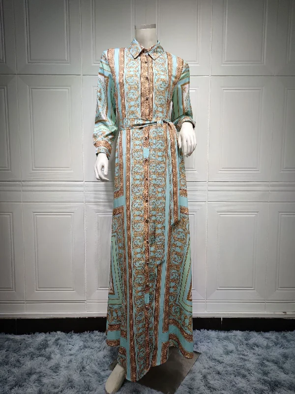 Fashion Floral Print Dubai Turkey Button Long Dress with Belt Middle East Islamic Clothing Luxury Women Muslim Maxi Dress