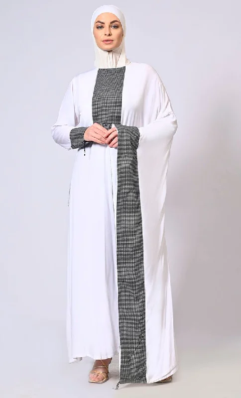 Stylish Semi White Kaftan with Printed Panels and Tassel Details