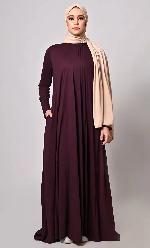 Flowing Elegance: Wine Flared Abaya With Pockets