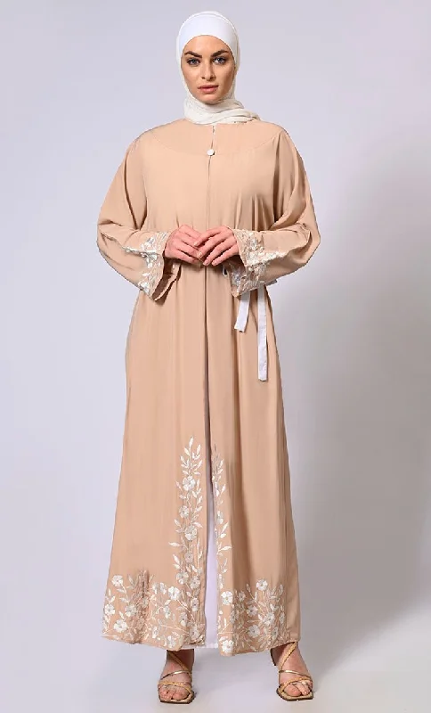 Embroidered Enchantment: Graceful Sand Abaya with Delicate Details and Belt