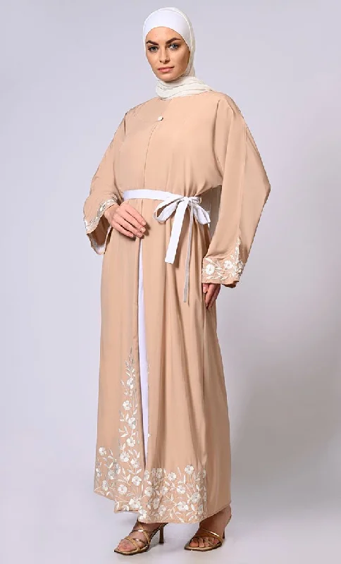 Embroidered Enchantment: Graceful Sand Abaya with Delicate Details and Belt