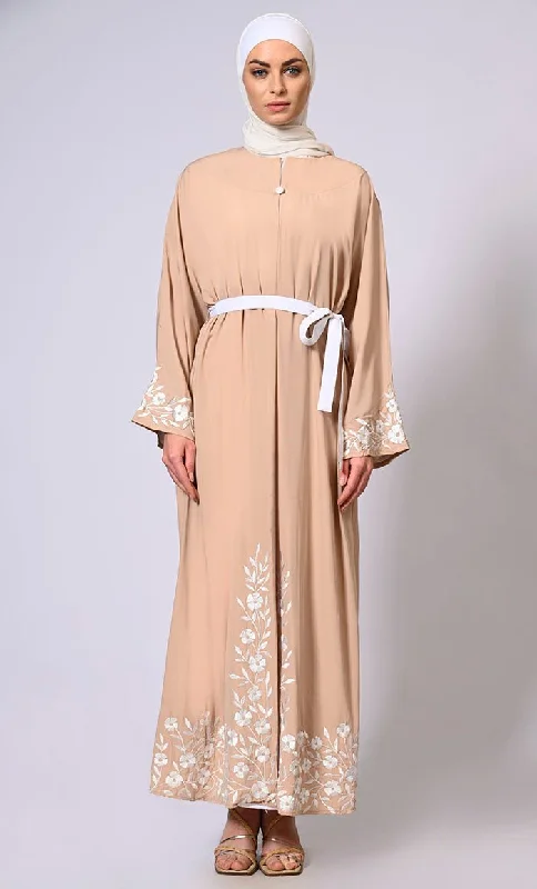 Embroidered Enchantment: Graceful Sand Abaya with Delicate Details and Belt