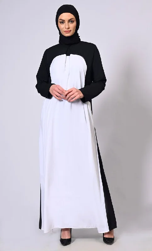 Refined Modesty: White Abaya with Inverted Box Pleat and Contrasting Yoke Panel