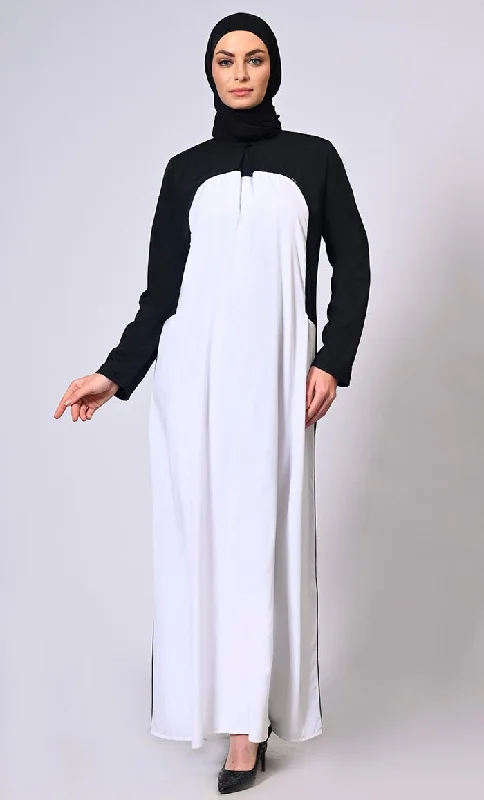 Refined Modesty: White Abaya with Inverted Box Pleat and Contrasting Yoke Panel