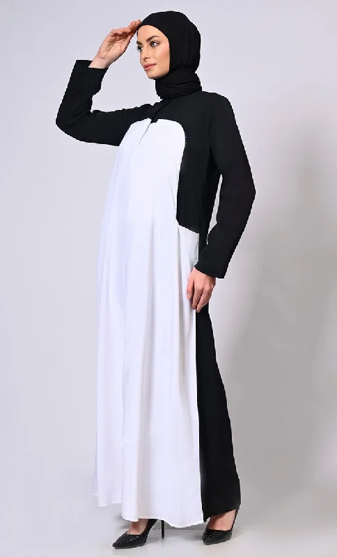 Refined Modesty: White Abaya with Inverted Box Pleat and Contrasting Yoke Panel