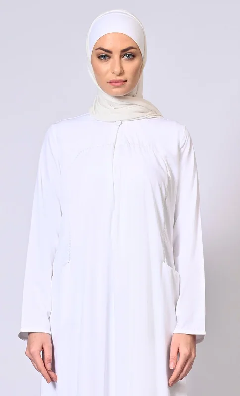 Glamorous Layers: White Double Layered Abaya with Sequined Yoke