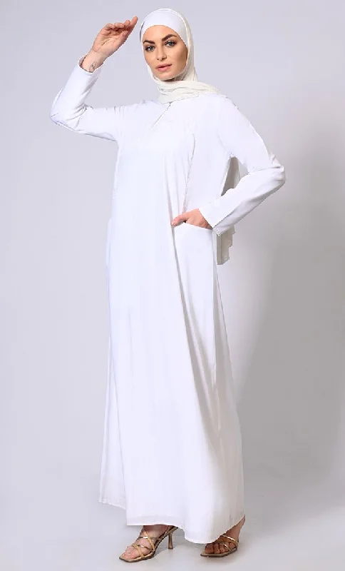 Glamorous Layers: White Double Layered Abaya with Sequined Yoke