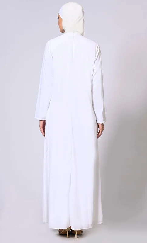 Glamorous Layers: White Double Layered Abaya with Sequined Yoke