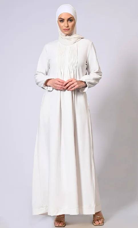 Graceful Gatherings: White Pleated Front Abaya with Elastic Sleeves