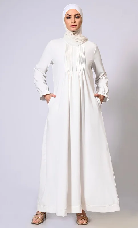 Graceful Gatherings: White Pleated Front Abaya with Elastic Sleeves