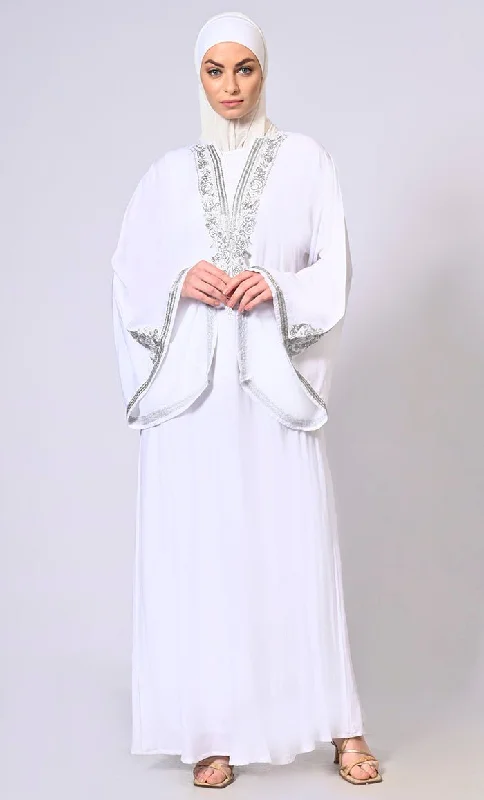 Handcrafted & Machine Embroidered Bell Sleeves White Abaya