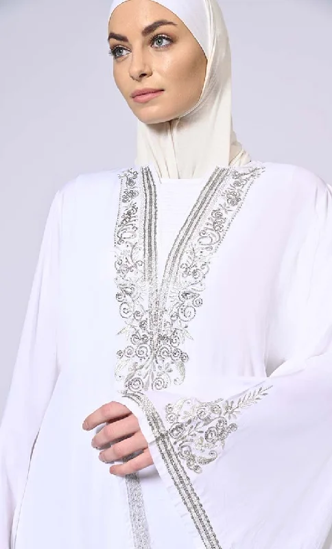 Handcrafted & Machine Embroidered Bell Sleeves White Abaya