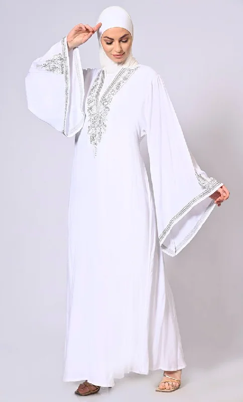 Handcrafted & Machine Embroidered Bell Sleeves White Abaya