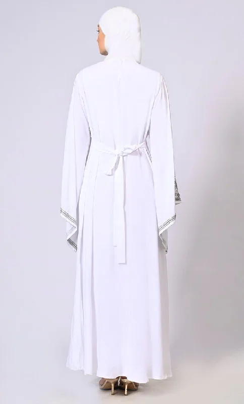 Handcrafted & Machine Embroidered Bell Sleeves White Abaya