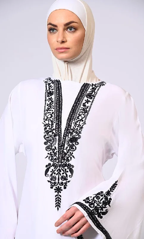 White Abaya with Bell Sleeves adorned in Hand & Machine Embroidery